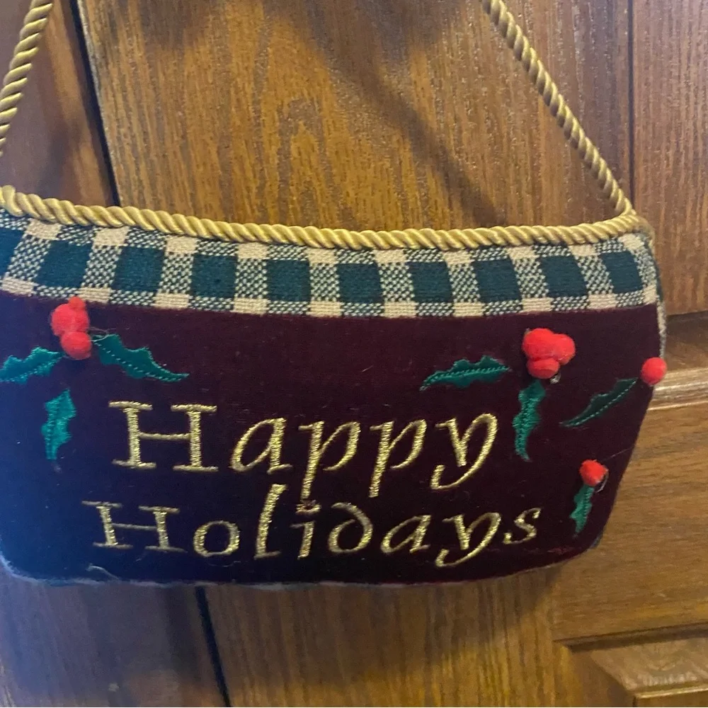 Holiday Happy Holidays velvet door knob hanger pillow gold color cord 11x6.5”